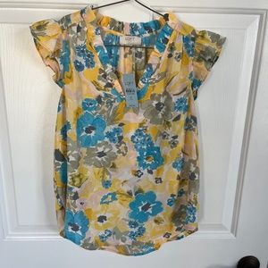 Loft petite XS floral Blouse Cap sleeve yellow. NWT